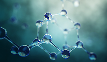 A shimmering blue molecular structure with interconnected spheres and bonds.